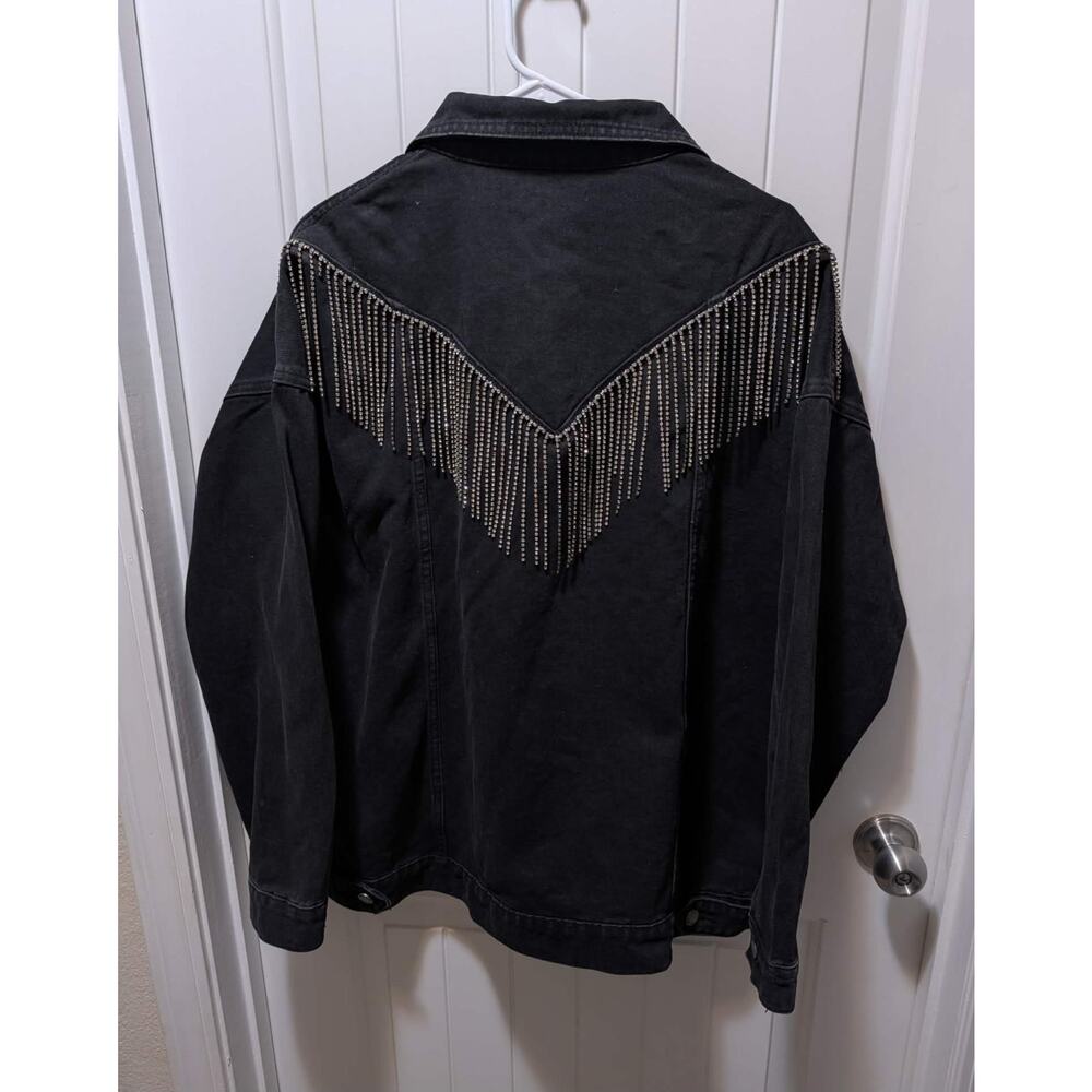 Veveret Black Denim Jean Jacket With Rhinestone Fringe Size L Western Cowgirl - Picture 4 of 10